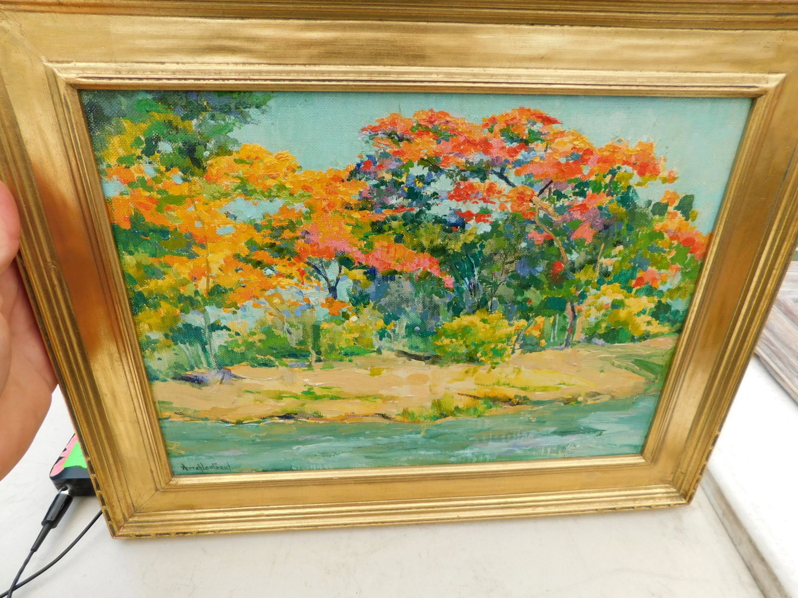 Oil on Board Lakeside Scene: Oil on Board depicting a Lakeside Scene. Signed Arrah Lee Gaul. Image measures 12" L x 9" T You are bidding at a live sale. Please read the terms and conditions. We are offering no contact pick up at 