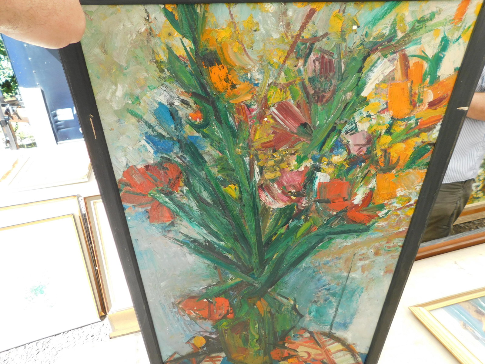 Mid Century Oil on Canvas of Flowers: Mid Century Oil on Canvas. Signed Helen Wolf bottom left. Depicts flowers in vase. Image measures 18" L x 30" T You are bidding at a live sale. Please read the terms and conditions. We are offering no