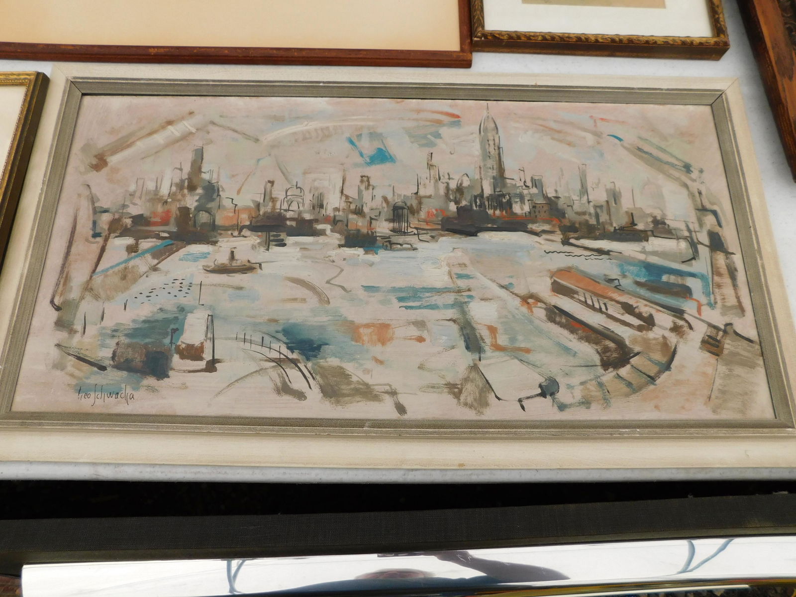 Oil on Masonite of NYC Skyline: Oil on Masonite signed bottom left George Schwacha. Titled NYC Skyline. Image measures 24" L x 12" T You are bidding at a live sale. Please read the terms and conditions. We are offering no contact pi