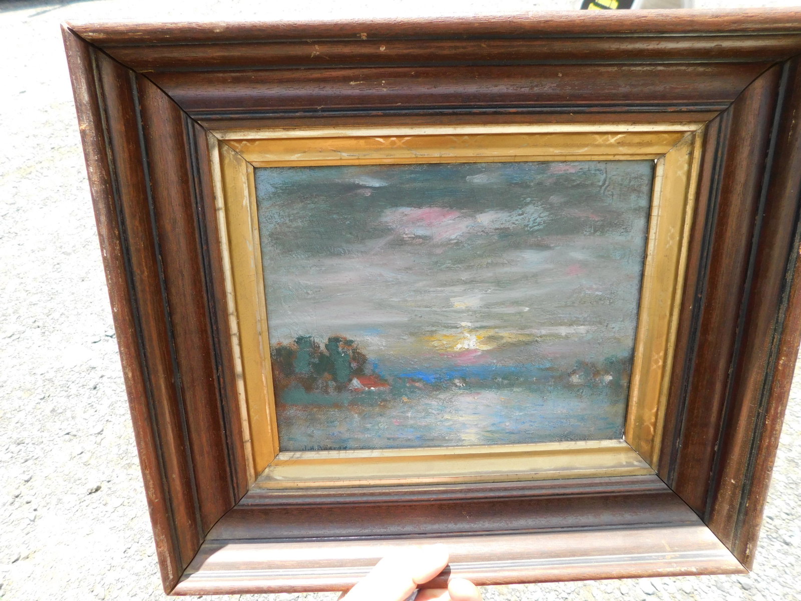 Oil on Board of Sunset: Oil on Board Signed bottom left J. H. Boston. (Joesph Henry) Depicts a sunset over water. Image measures 10" L x 8" T You are bidding at a live sale. Please read the terms and conditions. We are offer