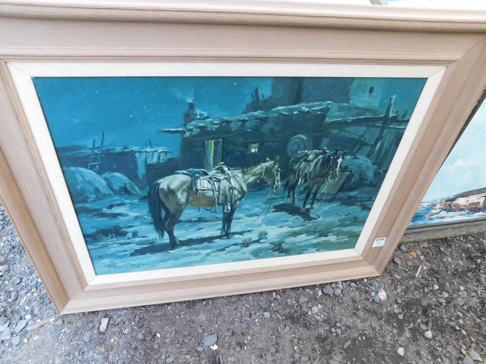 Oil on Canvas of Two Horses: Oil on Canvas signed bottom left Ross Stefan. Entitled Lake Pow Wow. 2 Horses Image measures 30" L x 22" T You are bidding at a live sale. Please read the terms and conditions. We are offering no cont