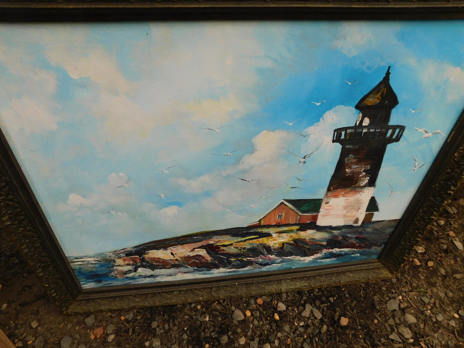 Oil on Canvas of Lighthouse: Patel Knife Oil on Canvas. Signed bottom right undetermined. Depicts lighthouse. Image measures 30" L x 24" T You are bidding at a live sale. Please read the terms and conditions. We are offering no c