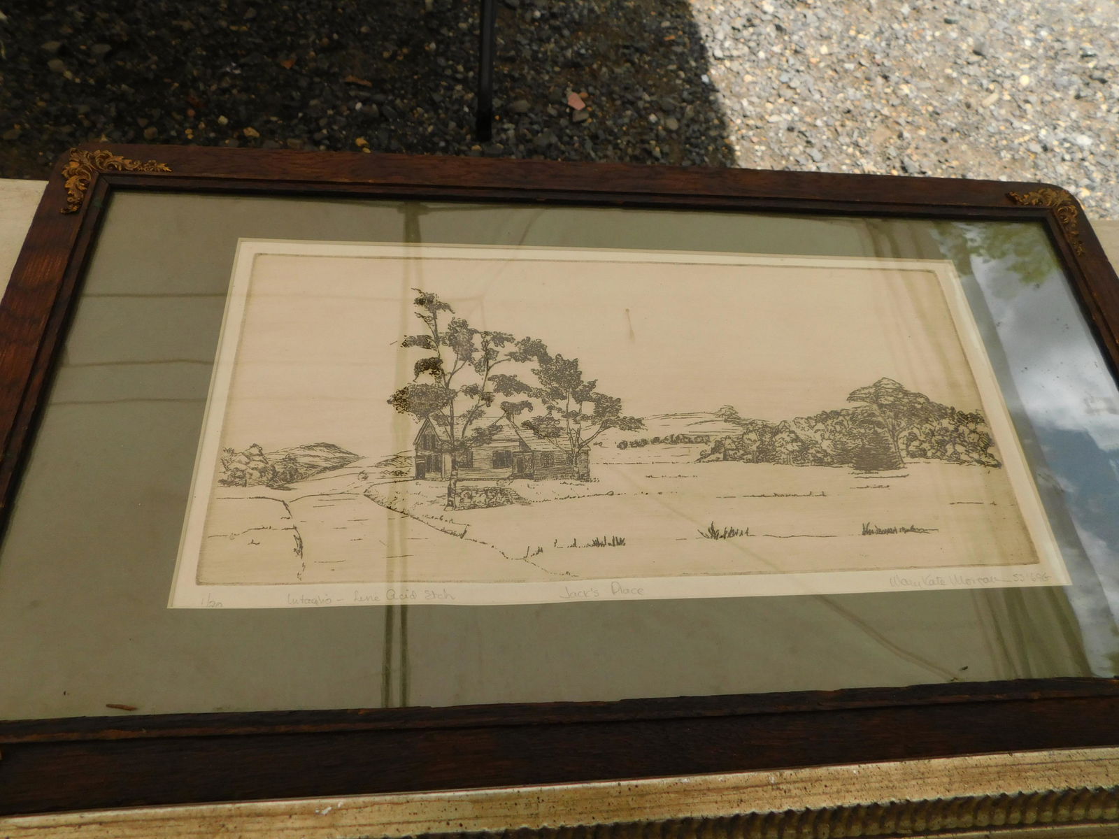 Etching Titled Jack's Place: Etching Signed bottom right Mary Kate Morgan. SS'69 G 1/20 Titled Jack's Place. Image measures 14.5" L x 7" T You are bidding at a live sale. Please read the terms and conditions. We are offering no c