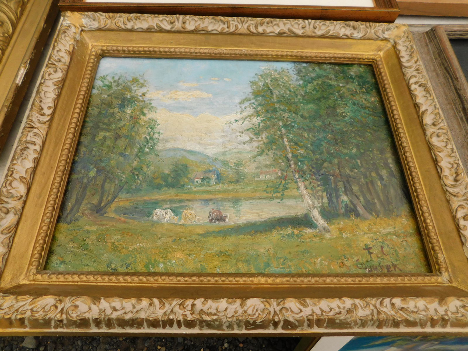 Oil on Masonite Farm with Cows: Oil on Masonite signed lower right F.C. Couter? Depicts farm scene with cows. Measures 16" L x 12" T You are bidding at a live sale. Please read the terms and conditions. We are offering no contact pi