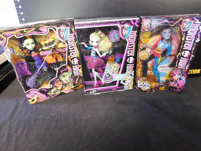 Lot of 3 Monster High Dolls: Lot of 3 Monster High Dolls. Included in this lot are Freaky Fusions Neighthan Rot, Dot Dead Gorgeous Lagoona Blue, and Casta Fierce. Made by Mattel. You are bidding at a live sale. Please read the