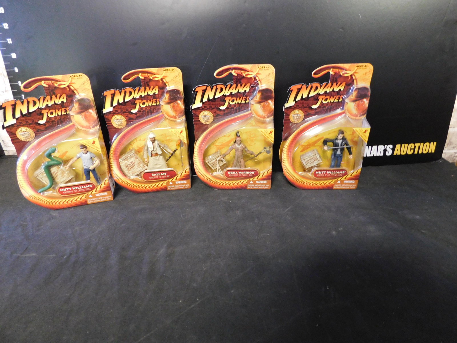 Lot of 4 Indiana Jones Action Figures: Lot of 4 Indiana Jones Action Figures on Card. Mutt Williams x 2, Sallah, and Ugha Williams. Hasbro. You are bidding at a live sale. Please read the terms and conditions. This sale will be broadcast l
