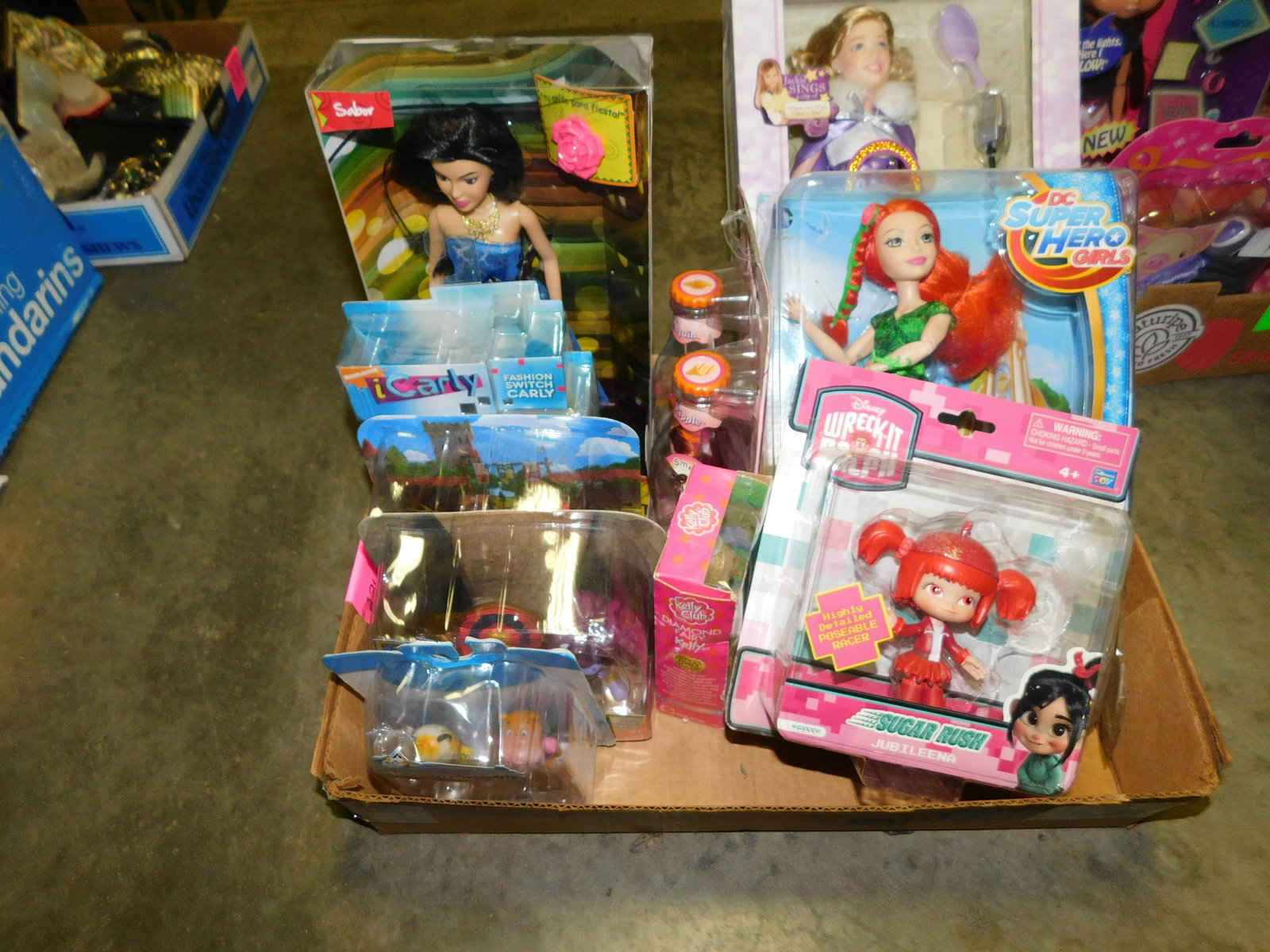 Box Lot of New in Package Dolls and Figures: Box Lot of New in Package Dolls and Figures. Some things included are Poison Ivy Super Hero Girl, Nicole Salsa Doll, Jubileena Wreck it Ralph Figure and Lots More. You are bidding at a live sale. Plea