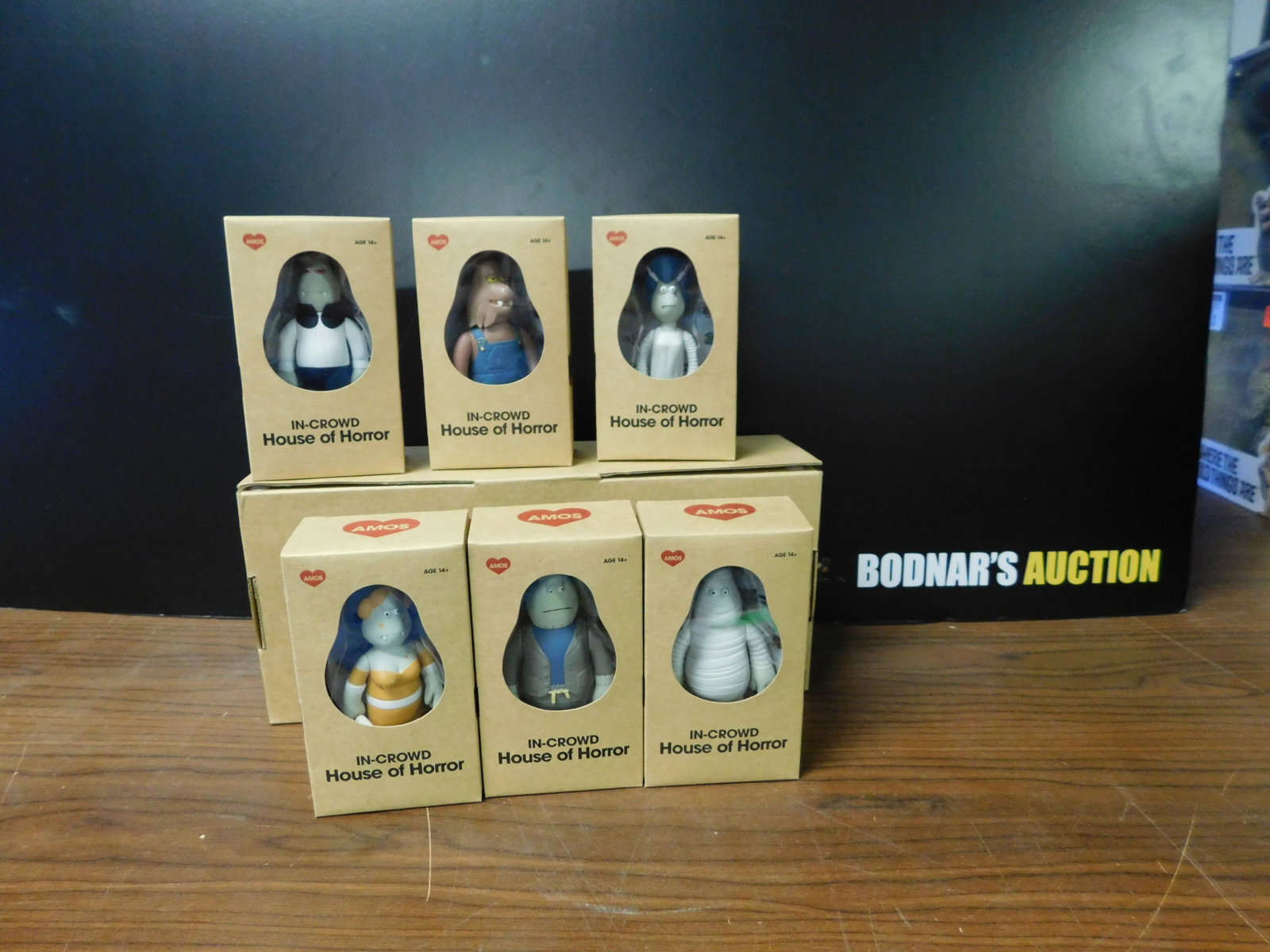Lot of Amos In-Crowd House of Horror Figures: Lot of Amos In-Crowd house of Horror figures in original packaging. Measures approx. 5" tall x 3" wide. You are bidding at a live sale, please read the terms and conditions. We are offering contact-le