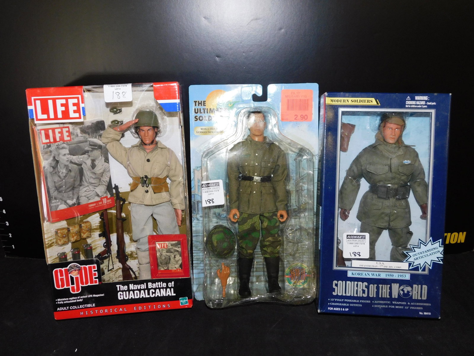 3 Soldier Action Figures: Lot of 3 Soldier action figures including GI Joe LIFE - The Naval Battle of Guadal Canal, Ultimate Soldier WWII German infantry and Soldiers of the World Korean War Infantryman 7th Inf. Div. Corp. All