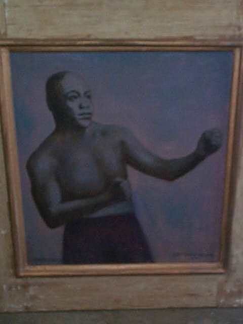 O/B of Jack Johnson signed Otto Rothenburgh: Oil on board signed Otto Rothenburgh 1979, depicting a portorait of Boxer Jack Johnson measuring 19 inches tall by 18 inches long, Buyer to pay $50.00 for shipping and handling to be sent US Priority
