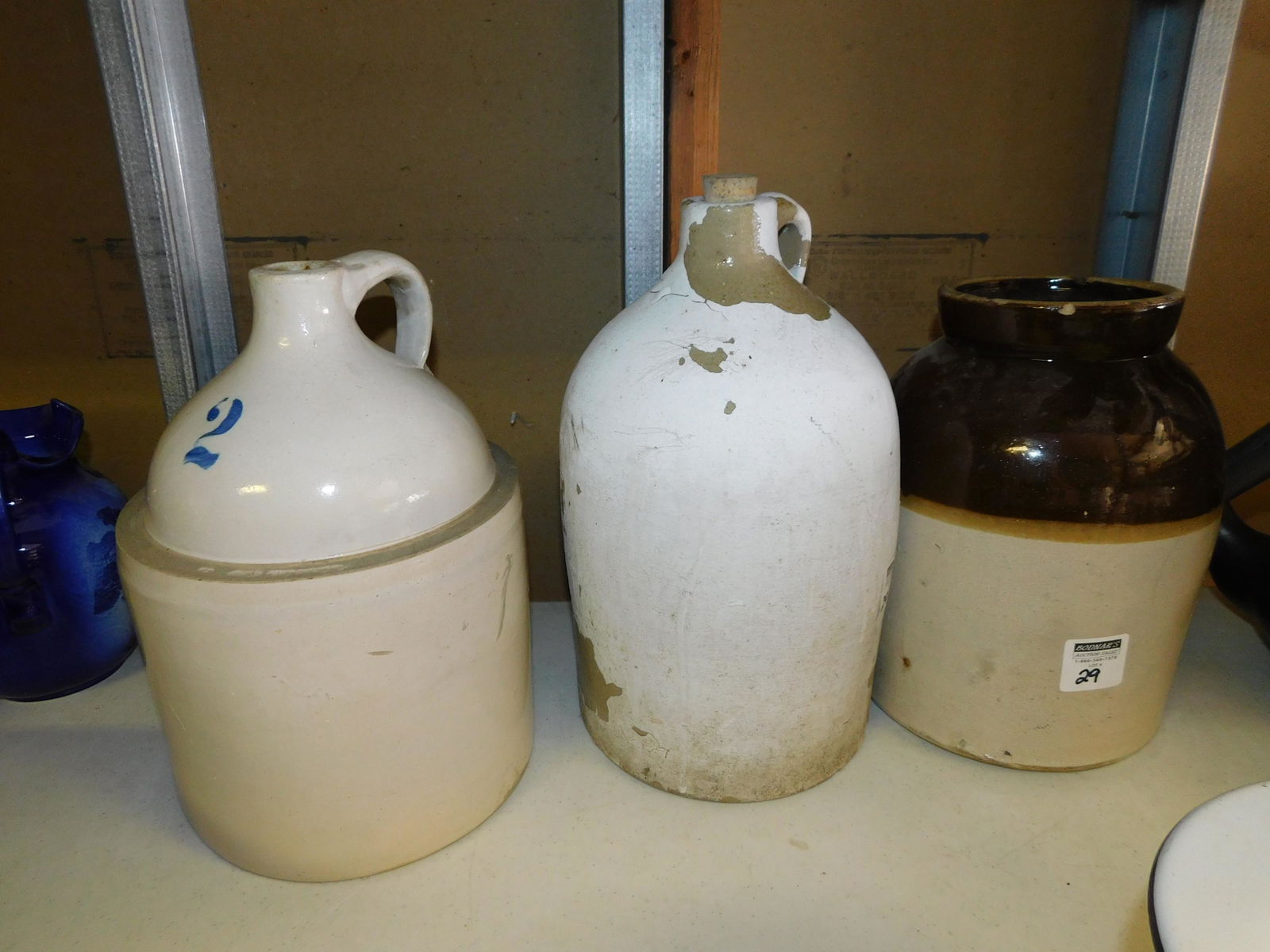 Lot of 3 Stoneware Jugs and Crock: Lot of 3 Stoneware Jugs and Crock. You are bidding at a live sale. Please read the terms and conditions. This sale will be broadcast live on sale day with full descriptions of each lot being sold, as