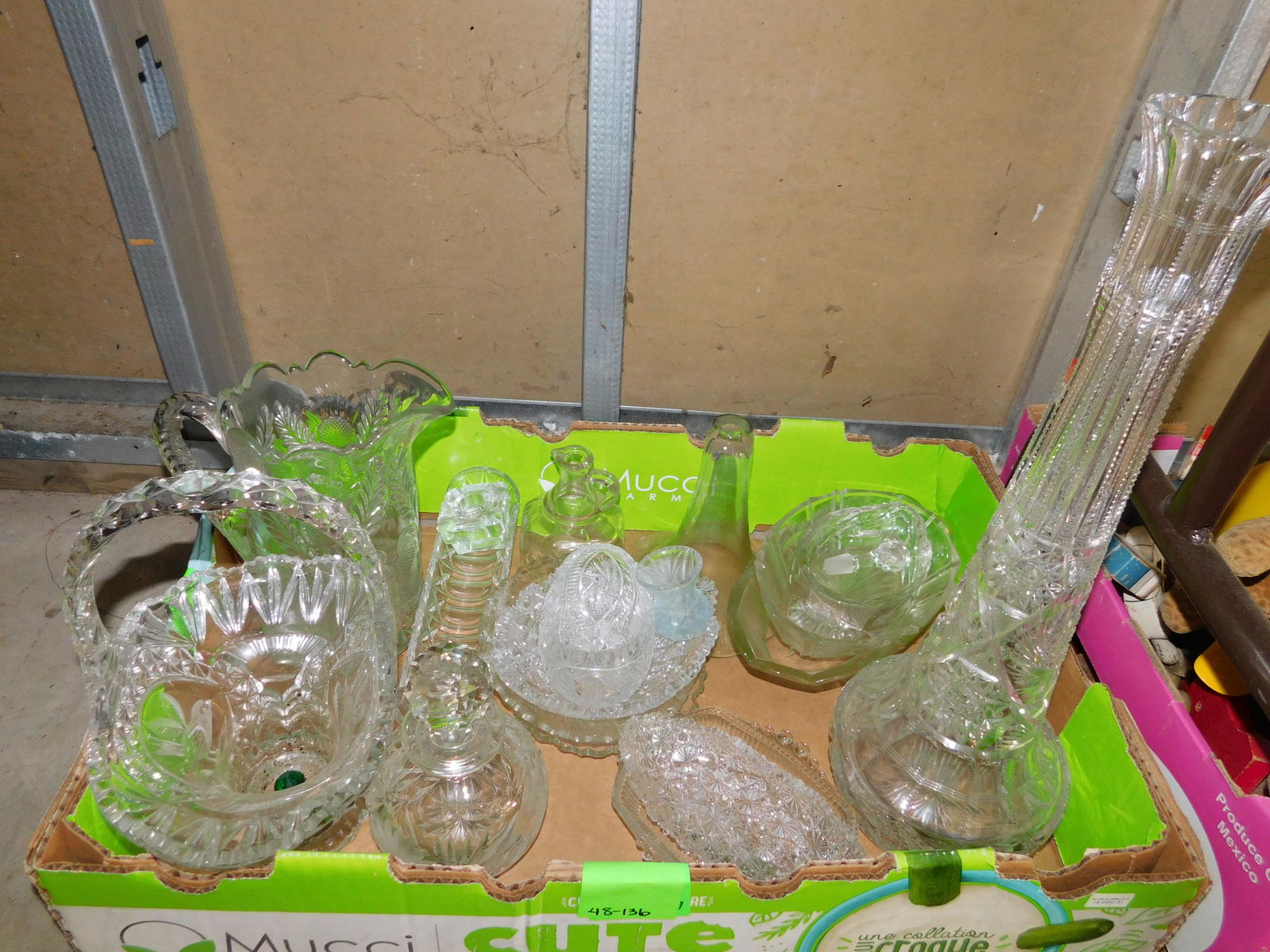 Box Lot of Pressed and Cut Glass: Box Lot of Pressed and Cut Glass. You are bidding at a live sale. Please read the terms and conditions. This sale will be broadcast live on sale day with full descriptions of each lot being sold, as w