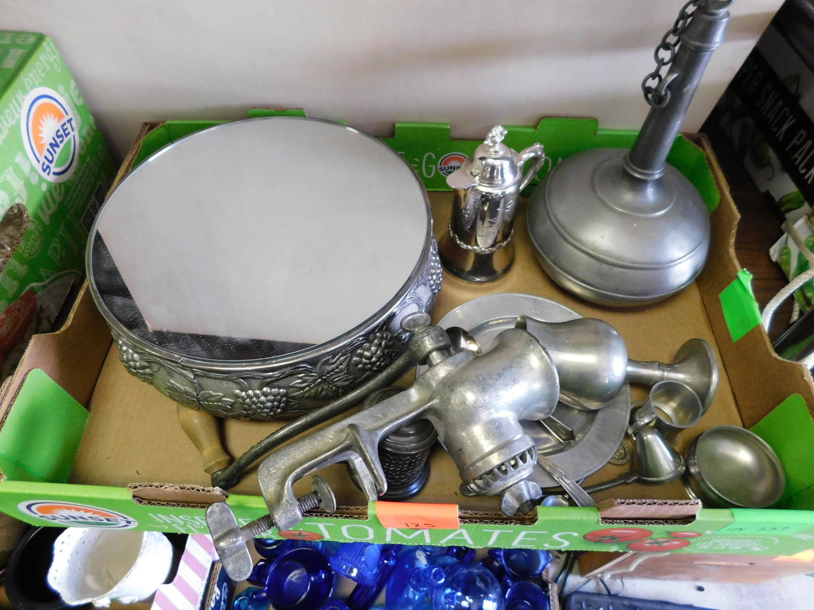 Box Lot of Silver-plated Pewter: Box Lot of Silver-plated Pewter. You are bidding at a live sale. Please read the terms and conditions. This sale will be broadcast live on sale day with full descriptions of each lot being sold, as we