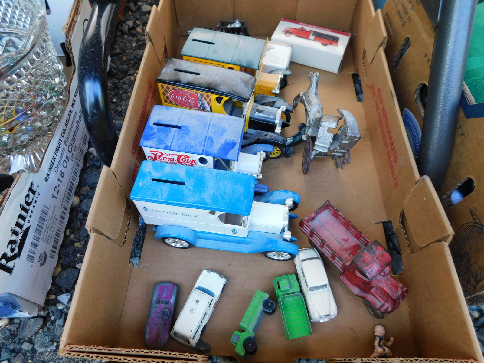 Box Lot of Cast Iron and Die-Cast Toys: Box Lot of Cast Iron and Die-Cast Toys. You are bidding at a live sale. Please read the terms and conditions. This sale will be broadcast live on sale day with full descriptions of each lot being sold