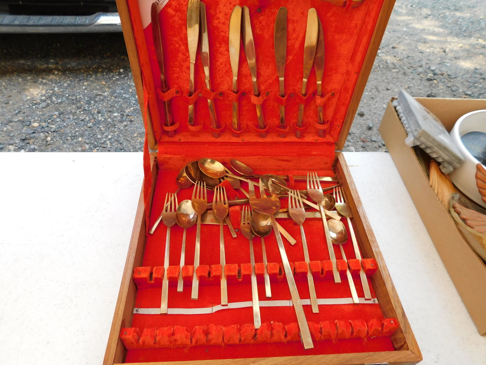 Bronze Mid Century Flatware Set: Bronze Mid Century Modern Flatware Set. You are bidding at a live sale. Please read the terms and conditions. This sale will be broadcast live on sale day with full descriptions of each lot being sold