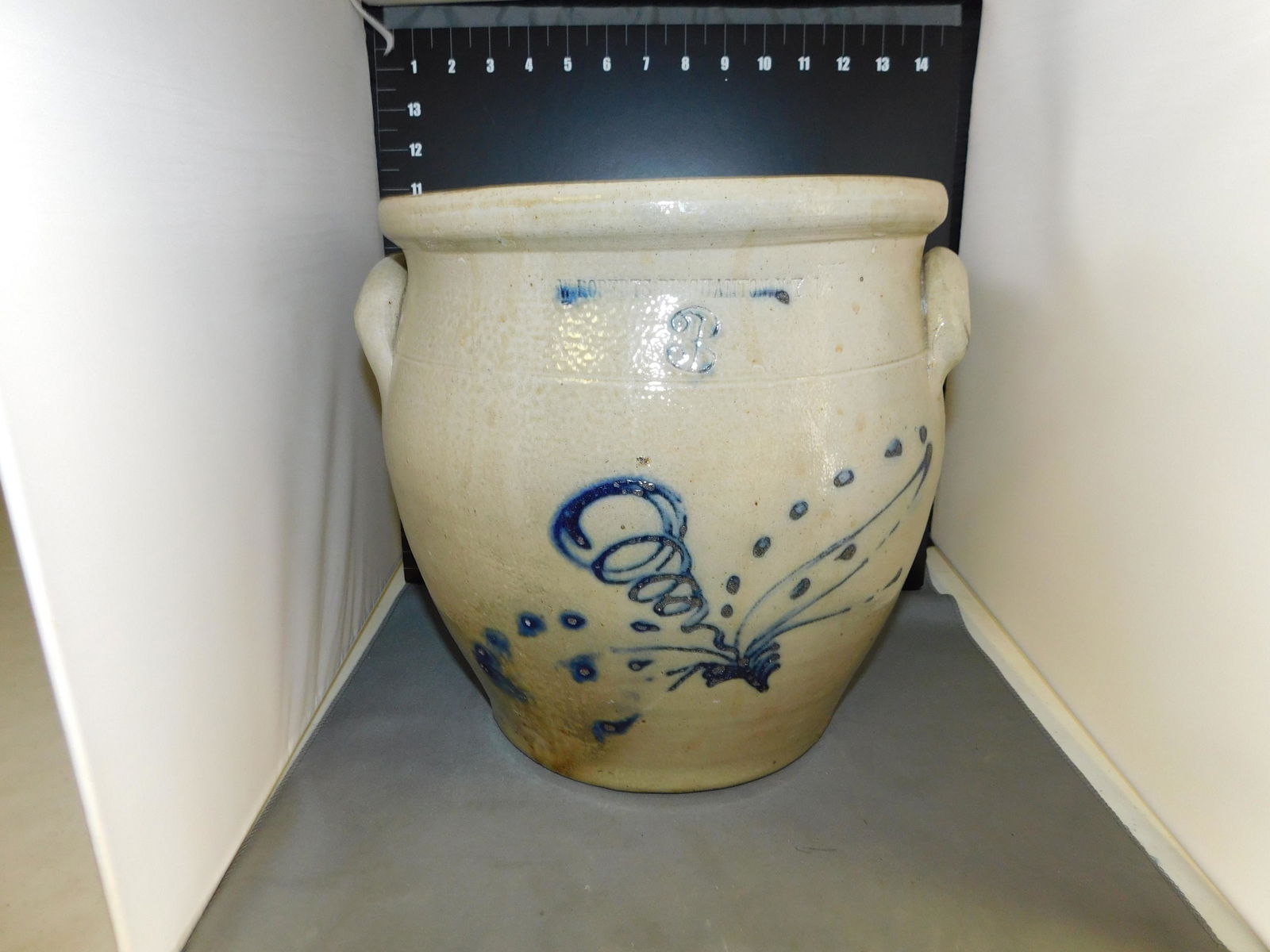 Blue Paint Decorated Double Handled Crock (1 of 4)