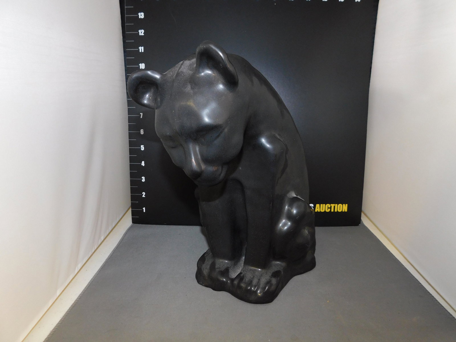 Van Briggle Black Panther Figurine: Van Briggle Art Pottery Black Panther Figurine. Measures approx. 10" t x 9" w. You are bidding at a live sale, please read the terms and conditions. We are offering contact-less pick ups at our South 
