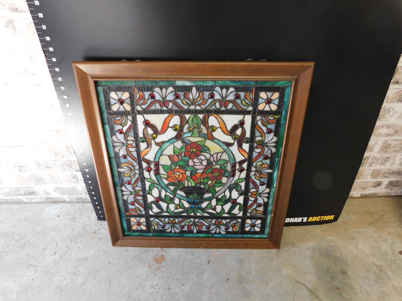 Framed Stained Glass Window of Basket with Flowers (1 of 2)