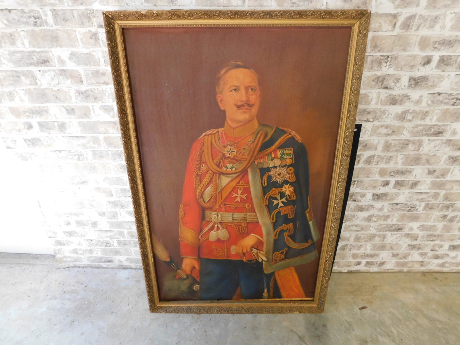 Oil on Canvas of English Soldier: Oil on Canvas appears to be depicting Kaiser Wilhelm II. Measures 52" high x 32.5" w. You are bidding at a live sale. Please read the terms and conditions. This sale will be broadcast live on sale day