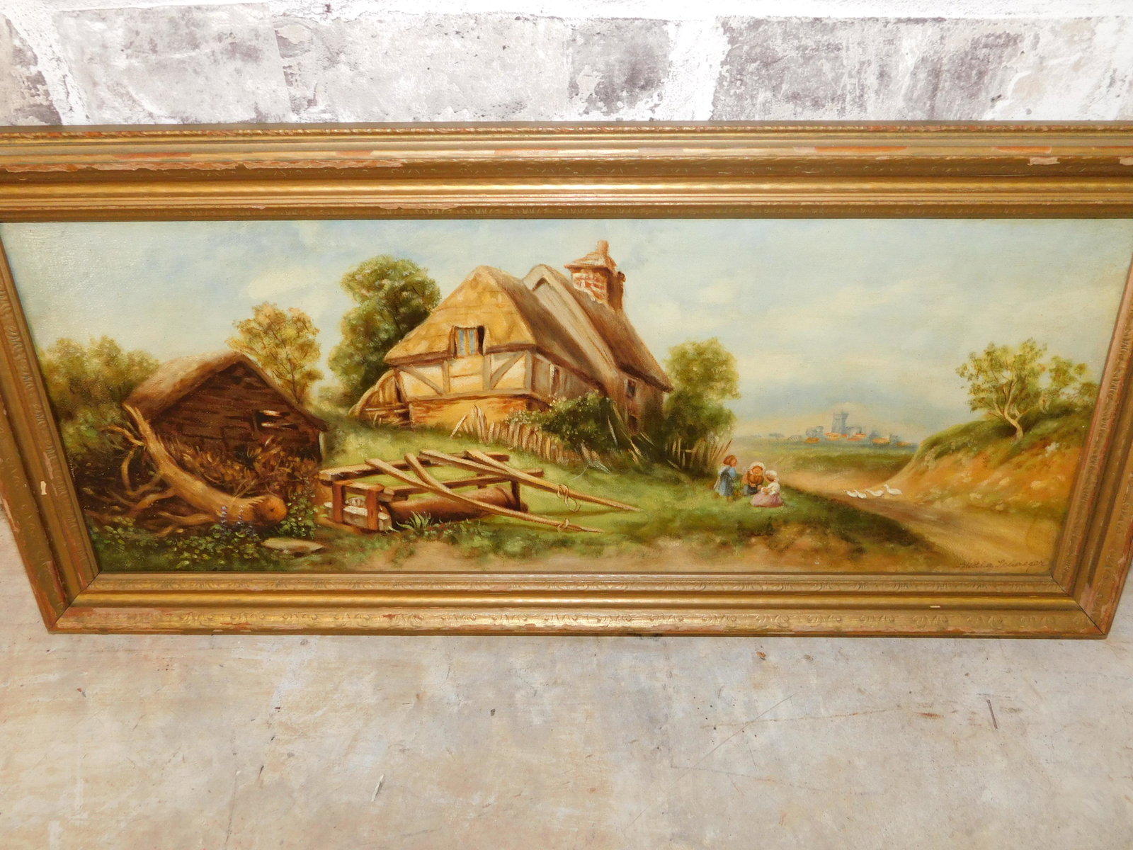 Oil on Canvas of European Cottage: Oil on Canvas depicting European Cottage Scene Signed lower right Bertha Schaefer. Measures approx. 10" tall x 22" w. You are bidding at a live sale. Please read the terms and conditions. This sale wi