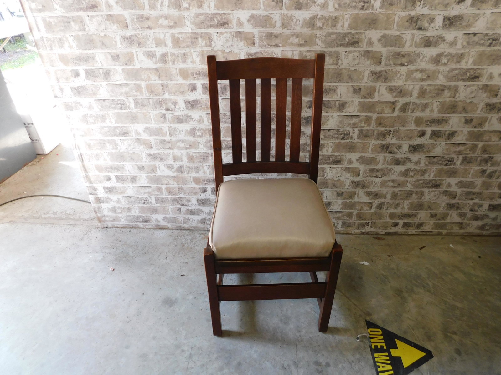 Stickley Arts & Crafts Oak Chair: Arts and Crafts Oak Chair. Signed The Work of LG and JG Stickley. Measures 38" tall. You are bidding at a live sale. Please read the terms and conditions. This sale will be broadcast live on sale day 