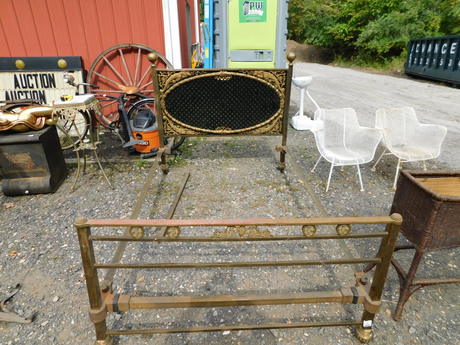 Brass Bed with Ornate Back: One of the Nicest Brass Bed with Ornate Back. Measures 50" tall x 53.3" w x 81" l. You are bidding at a live sale. Please read the terms and conditions. This sale will be broadcast live on sale day wi