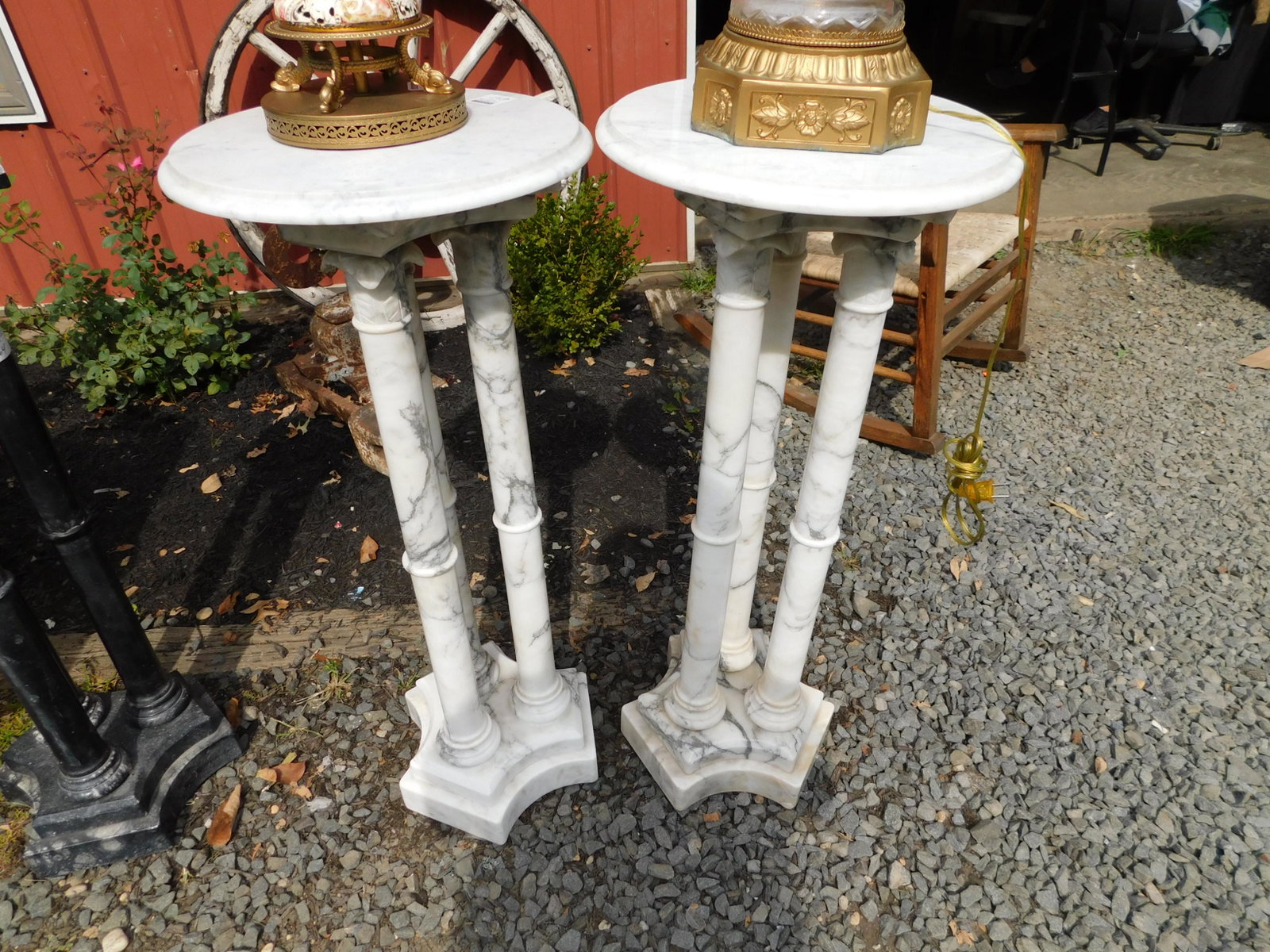 Pair of Alabaster Pedestals: Pair of Alabaster Pedestals. Comes with Additional Marble Top. Measures 36" tall x 14" w. You are bidding at a live sale. Please read the terms and conditions. This sale will be broadcast live on sale