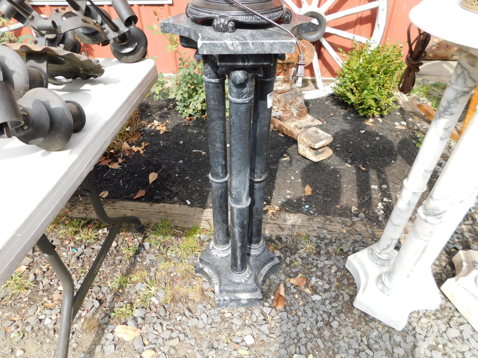 Alabaster Pedestal: Alabaster Pedestal. Top has chips. Measures 35.5" tall. You are bidding at a live sale. Please read the terms and conditions. This sale will be broadcast live on sale day with full descriptions of eac