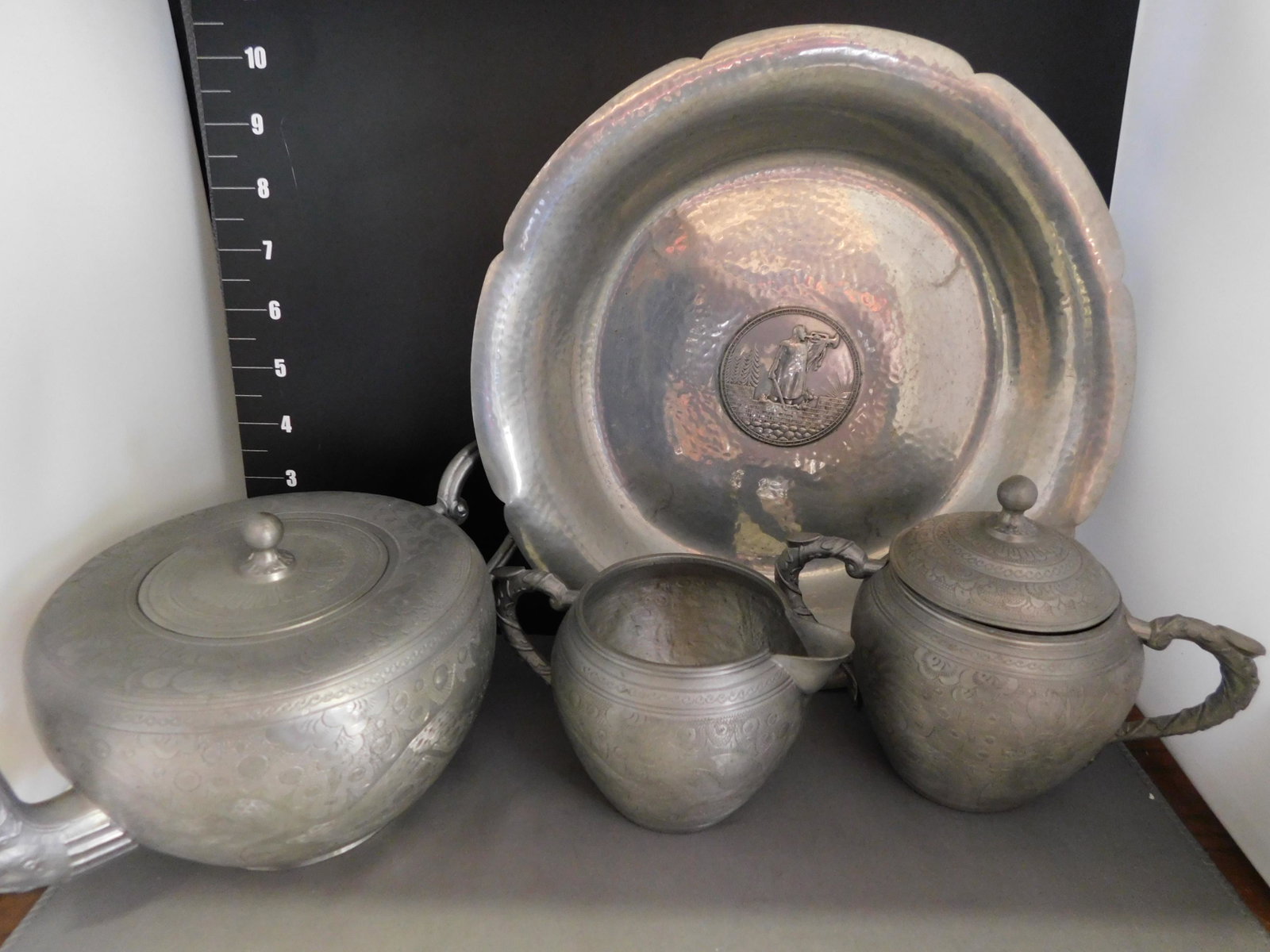 Lot of 4 Pewter Pieces - Tea Set and Bowl: Lot of 4 Pewter Pieces. Included is a Tea Set and Bowl. You are bidding at a live sale, please read the terms and conditions. We are offering contact-less pick ups at our South Brunswick location by A