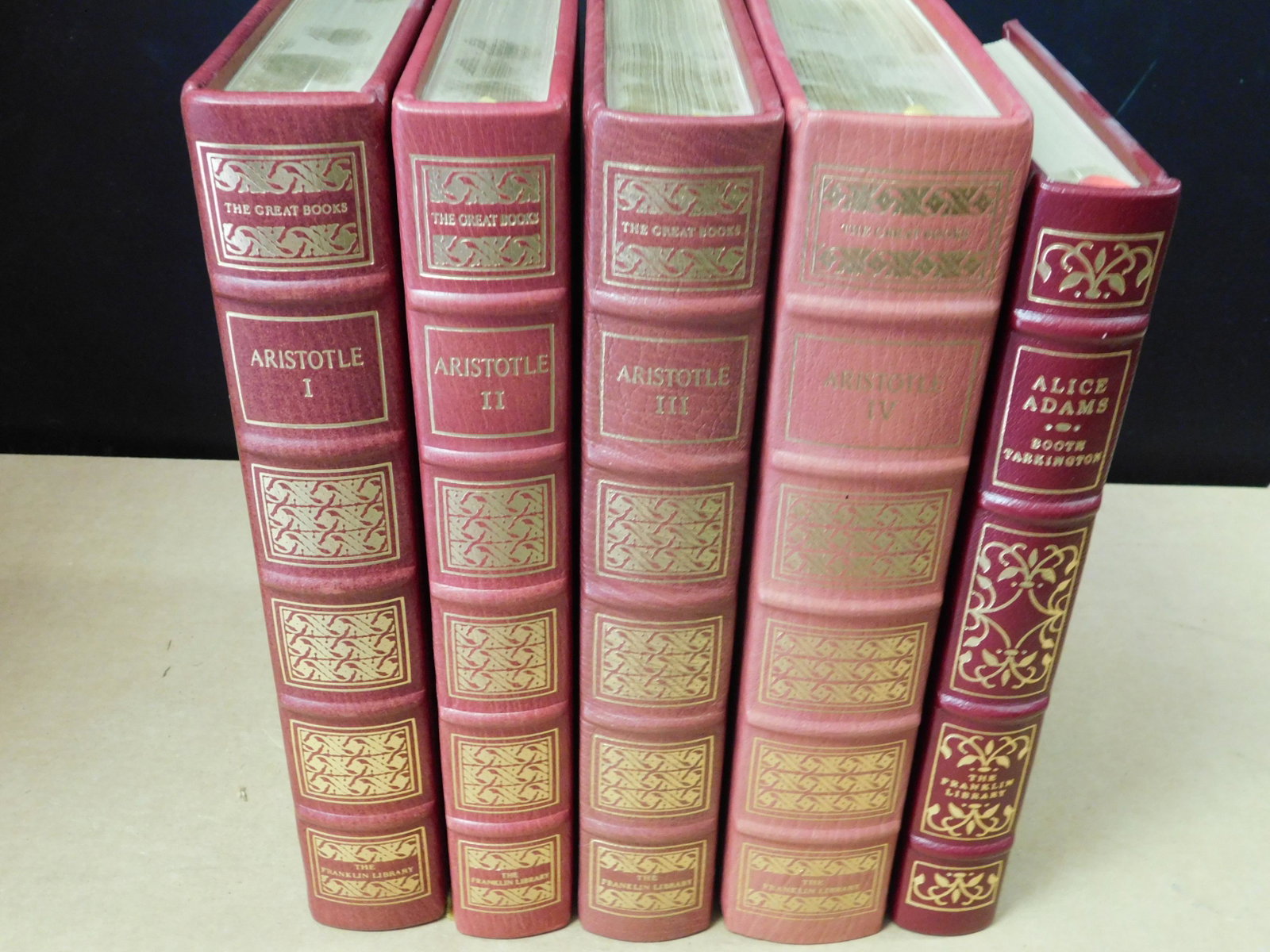 Lot of 5 Franklin Library Books: Lot of 5 Frankin Library Books. Included in this lot are 4 Volumes of The Works of Aristotle and Alice Adams by Booth Tarkington. You are bidding at a live sale, please read the terms and conditions. 