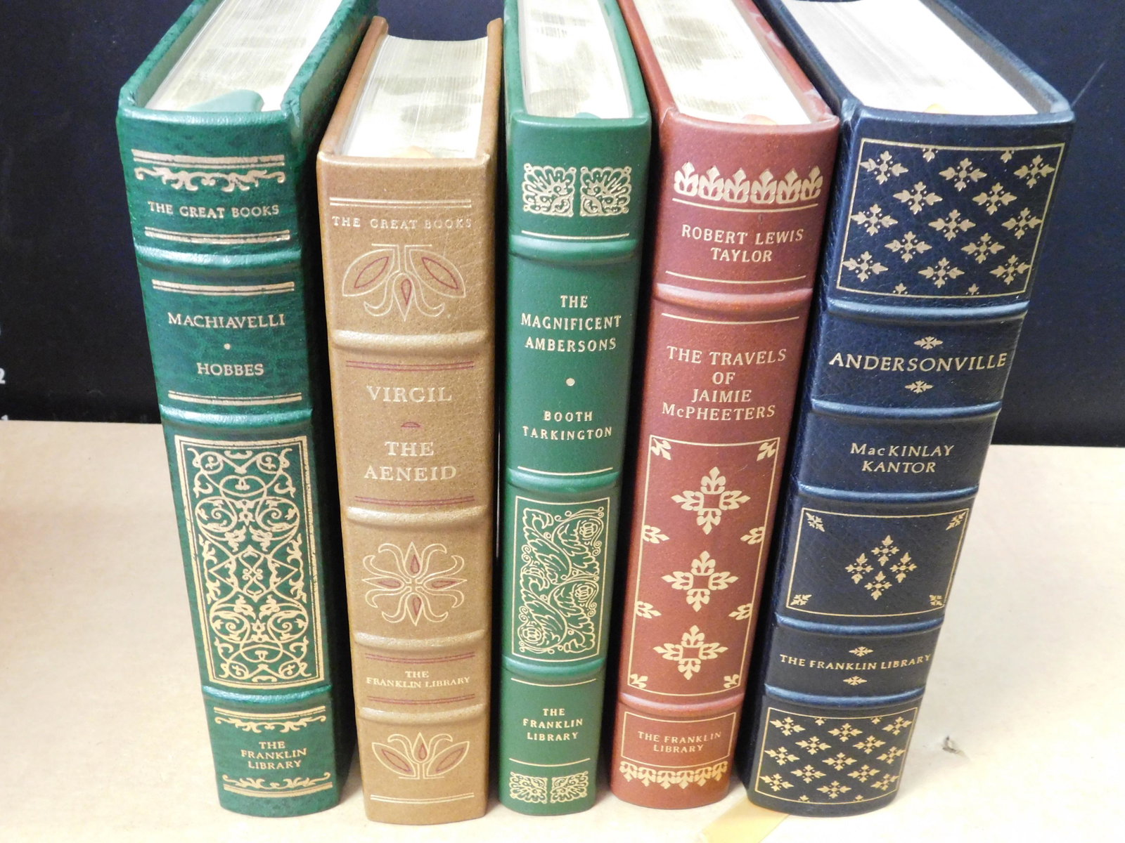 Lot of 5 Franklin Library Books: Lot of 5 Franklin Library Books. Included in this lot are Machiavelli Hobbes Political Writings, The Aeneid by Virgil, The Magnificent Ambersons by Booth Tarkington, The Travels of Jaime McPheeters by