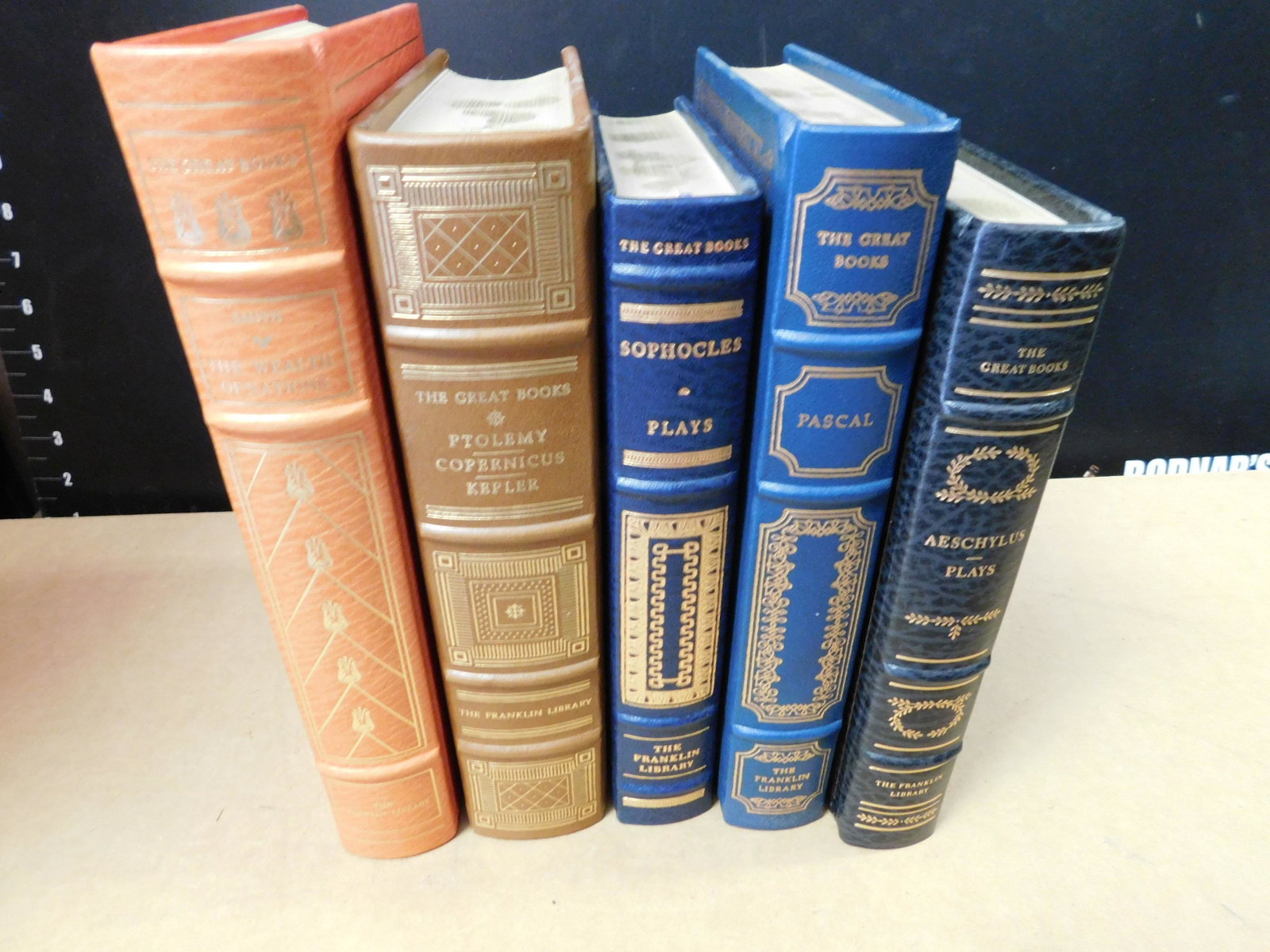 Lot of 5 Franklin Library Books: Lot of 5 Franklin Library Books. Included in this lot are The Wealth of Nations by Adam Smith, Major Writings of Ptolemy, Nicolaus Copernicus, and Johannas Keppler, Sophocles Plays, Pascal Letters and