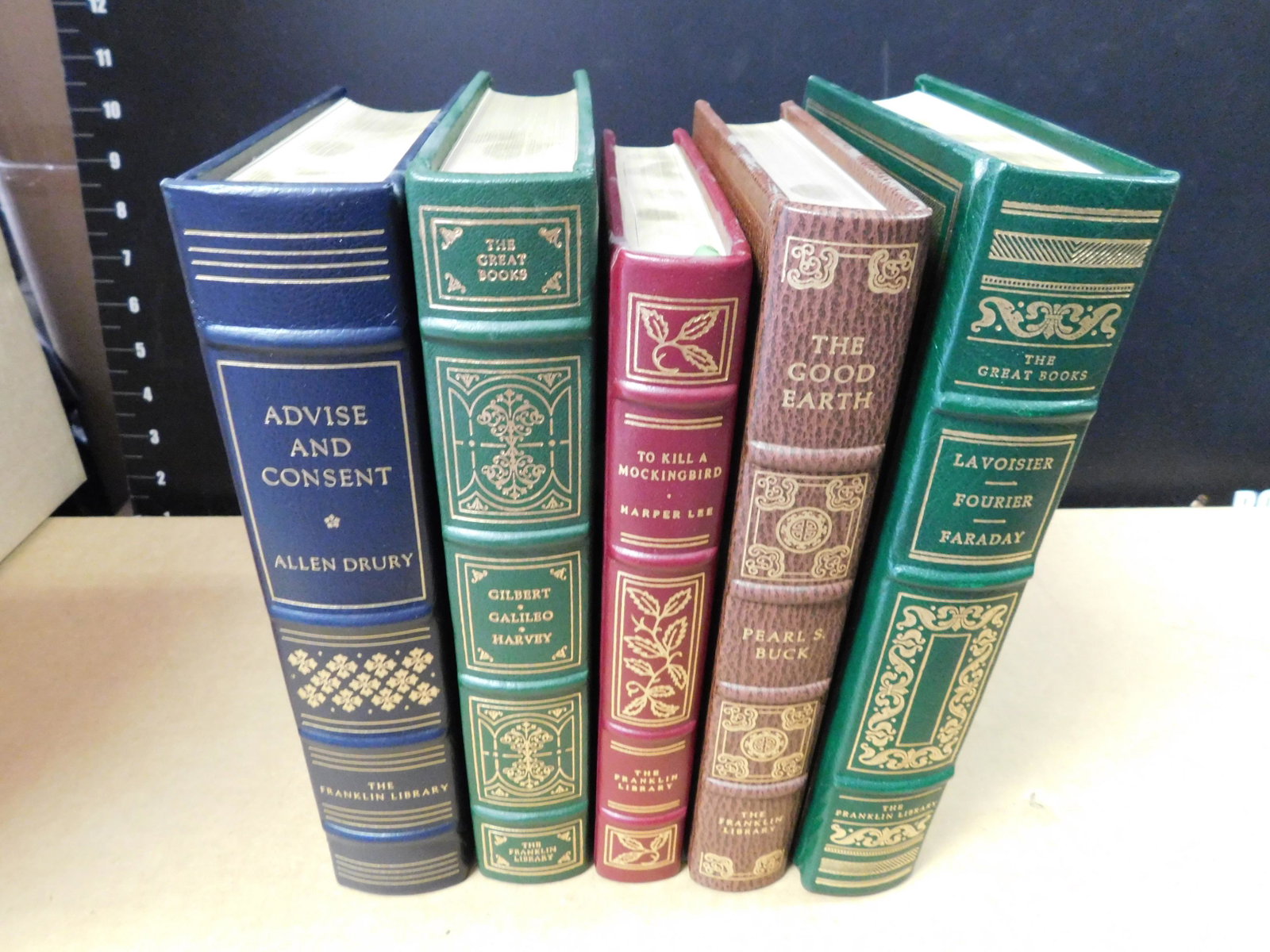 Lot of 5 Franklin Library Books: Lot of 5 Frankin Library Books. Included in this lot are Advice and Consent by Allen Drury, Selected Writings of Gilbert, Galileo Galilei, and William Harvey, To Kill a Mockingbird by Harper Lee, The 