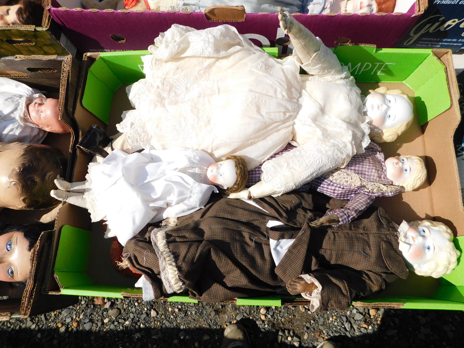 Box Lot of China Head and Bisque Dolls: Box Lot of China Head and Bisque Dolls. You are bidding at a live sale. Please read the terms and conditions. This sale will be broadcast live on sale day with full descriptions of each lot being sold