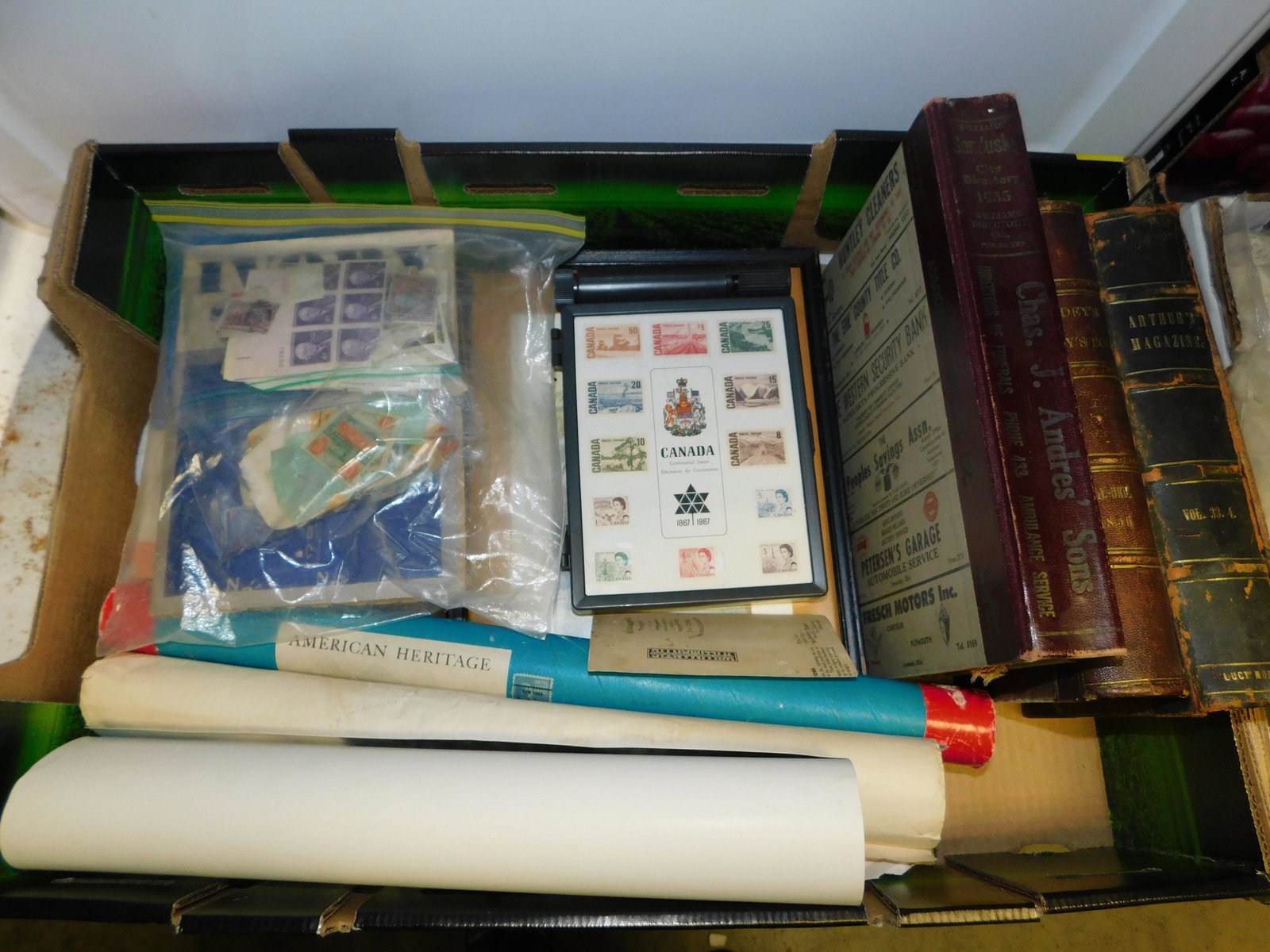 Box Lot of Vintage Books and Stamps: Box Lot of Vintage Books and Stamps. You are bidding at a live sale. Please read the terms and conditions. This sale will be broadcast live on sale day with full descriptions of each lot being sold, a