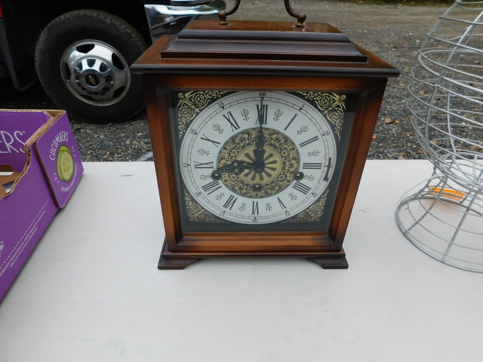 German Mantle Clock: German Mantle Clock. You are bidding at a live sale. Please read the terms and conditions. This sale will be broadcast live on sale day with full descriptions of each lot being sold, as well as video