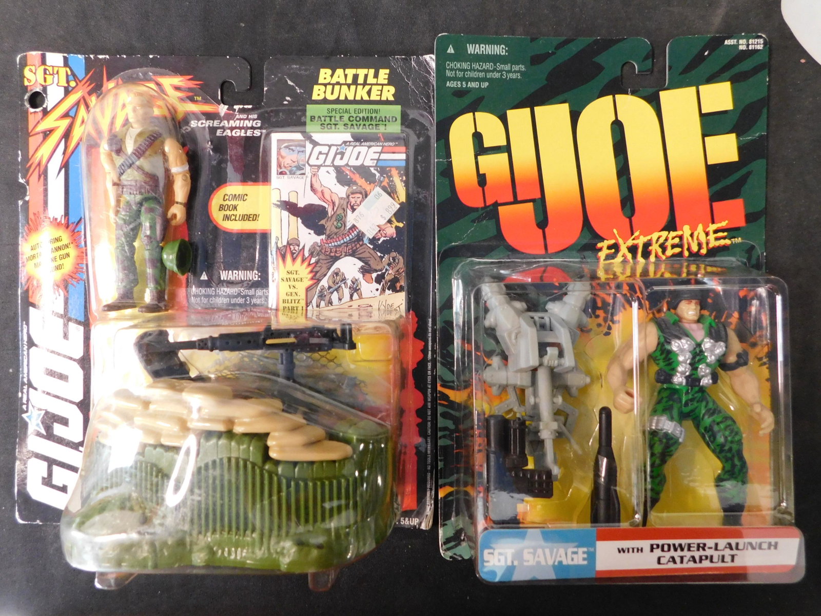 Lot of 2 GI Joe 3.75" Figures: Lot of 2 3.75" GI Figures. Included in this lot are Sgt. Savage Battle Bunker - Hasbro 1994, and GI Joe Extreme Sgt. Savage Figure. Hasbro 1995. Blister pack has come loose from the bottom and sides o