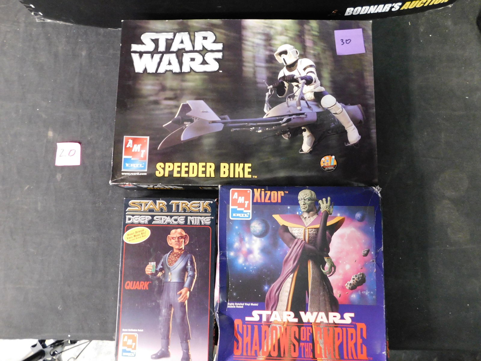 Lot of 3 Star Wars and Star Trek Model Kits: Lot of 3 Star Wars/Star Trek Model Kits. Included in this lot are AMT Star Trek Deep Space Nine Quark, AMT Star Wars Xizor, and AMT Star Wars Speeder Bike. All from private collector who disclosed to