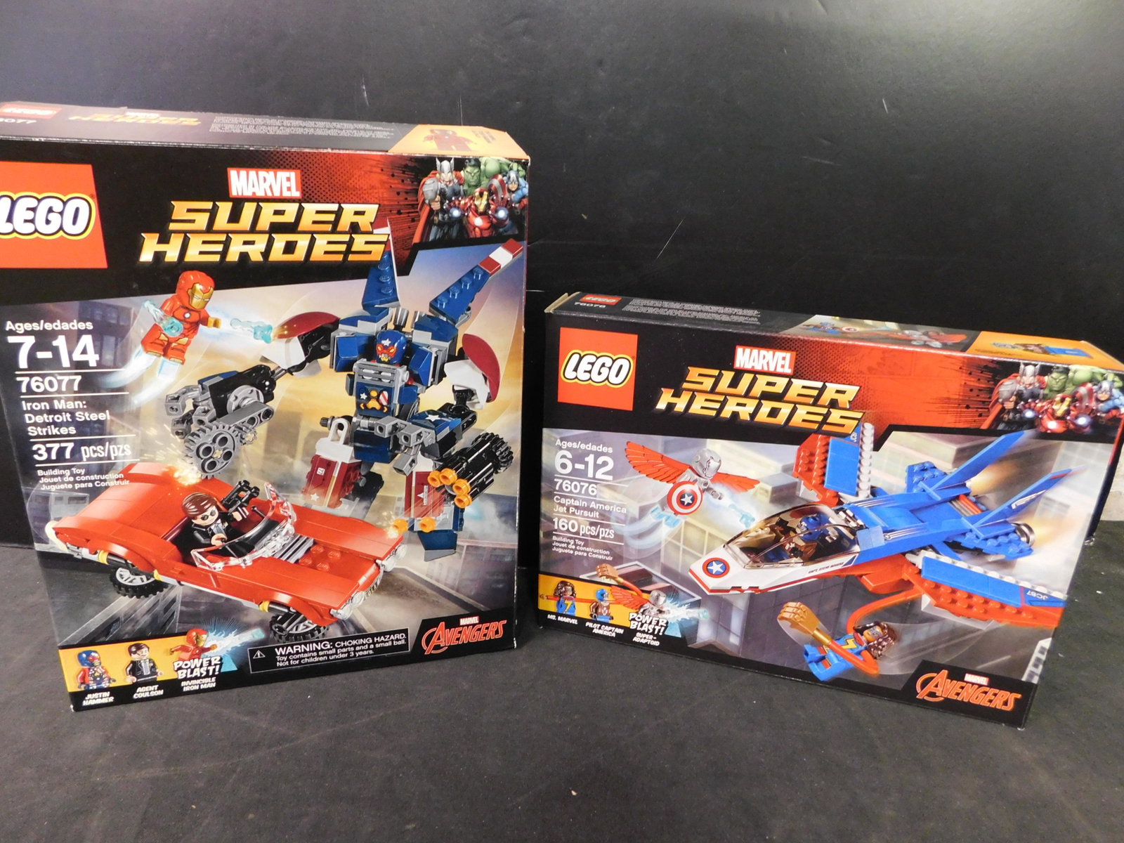 Lego Marvel Avengers Super Heroes Lot of 2: Lego Marvel Avengers Super Heroes Lot of 2. Included in this lot are Captain America Jet Pursuit and Iron Man Detroit Steel Strikes. The Legos came from a collector's estate. He had them displayed and