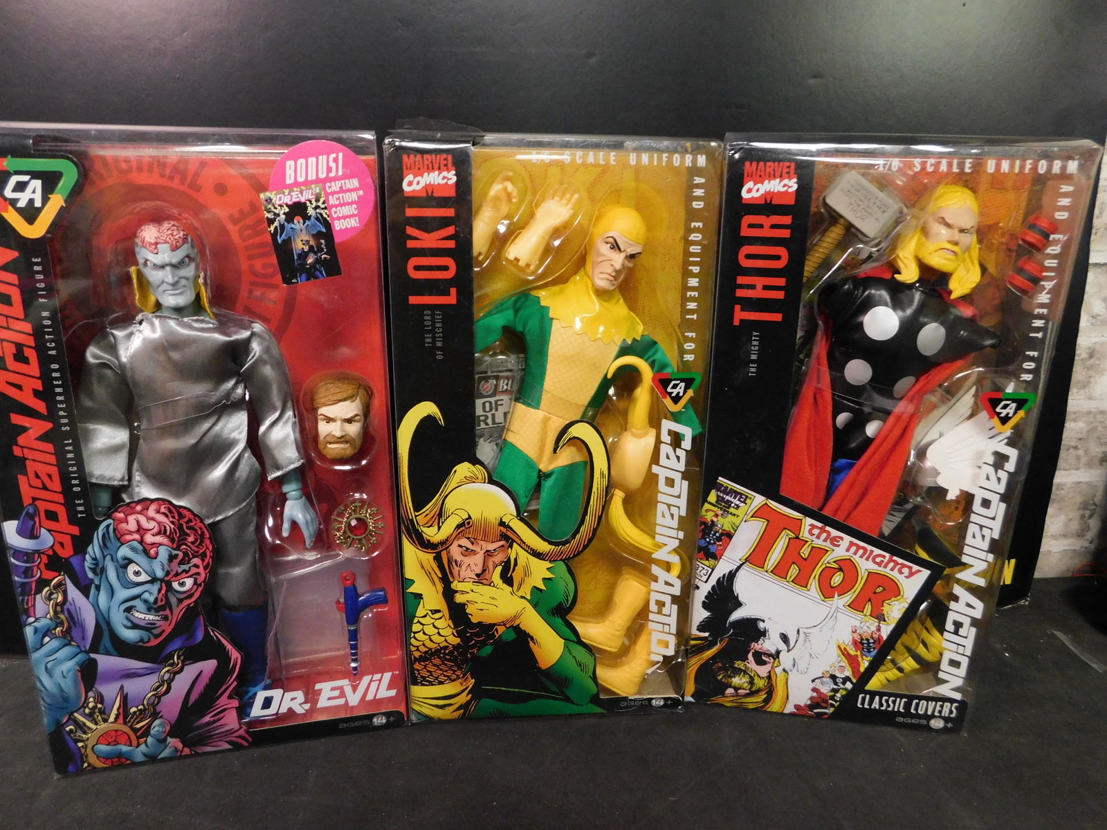 Captain Action Marvel Figure Lot of 3 - Thor, Loki and: Captain Action Marvel Figure Lot of 3. Included in this lot are Dr. Evil, Loki and Thor. You are bidding at a live sale, please read the terms and conditions. We are offering contact-less pick ups at