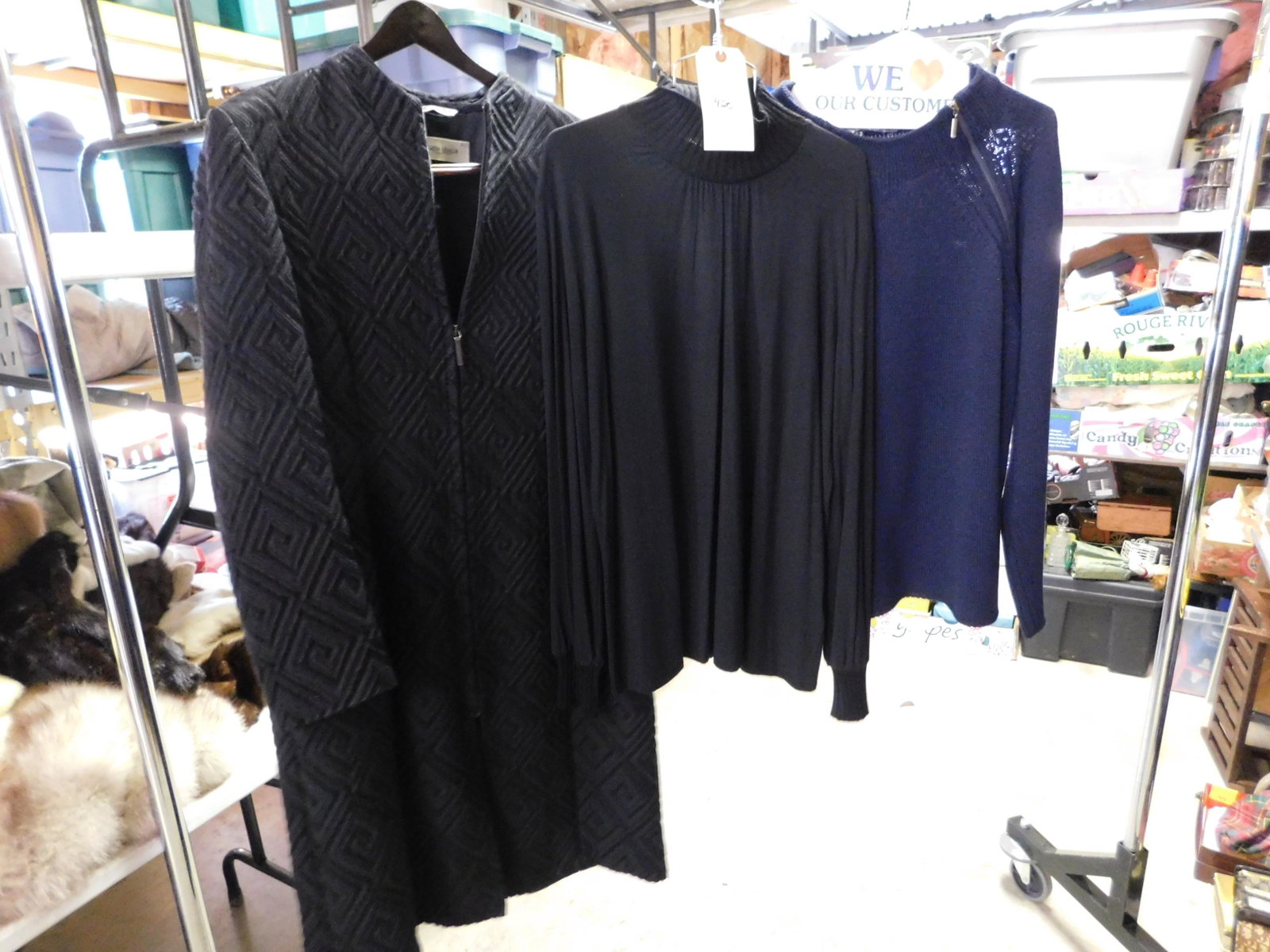 3pcs Marina Rinaldi Ladies Clothing: 3pcs Marina Rinaldi Ladies Clothing. Dress and Sweater is marked L. The Coat is marked 21. The coat measures 42" L. Some pulls on the coat and some wear on the sleeves of the coat. We are offering con
