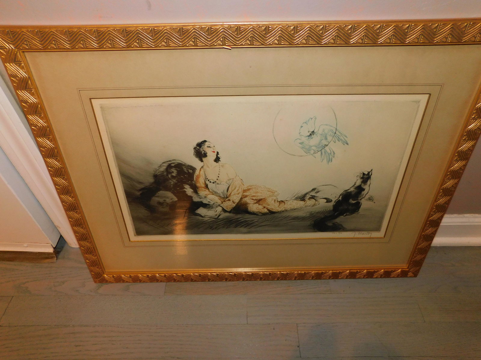 J Hardy Print: Signed print J Hardy of a 1920's girl with cat and bird in the style of an Icart print. Measures approx. 19" tall x 26" wide. You are bidding at a live sale, please read the terms and conditions. We a