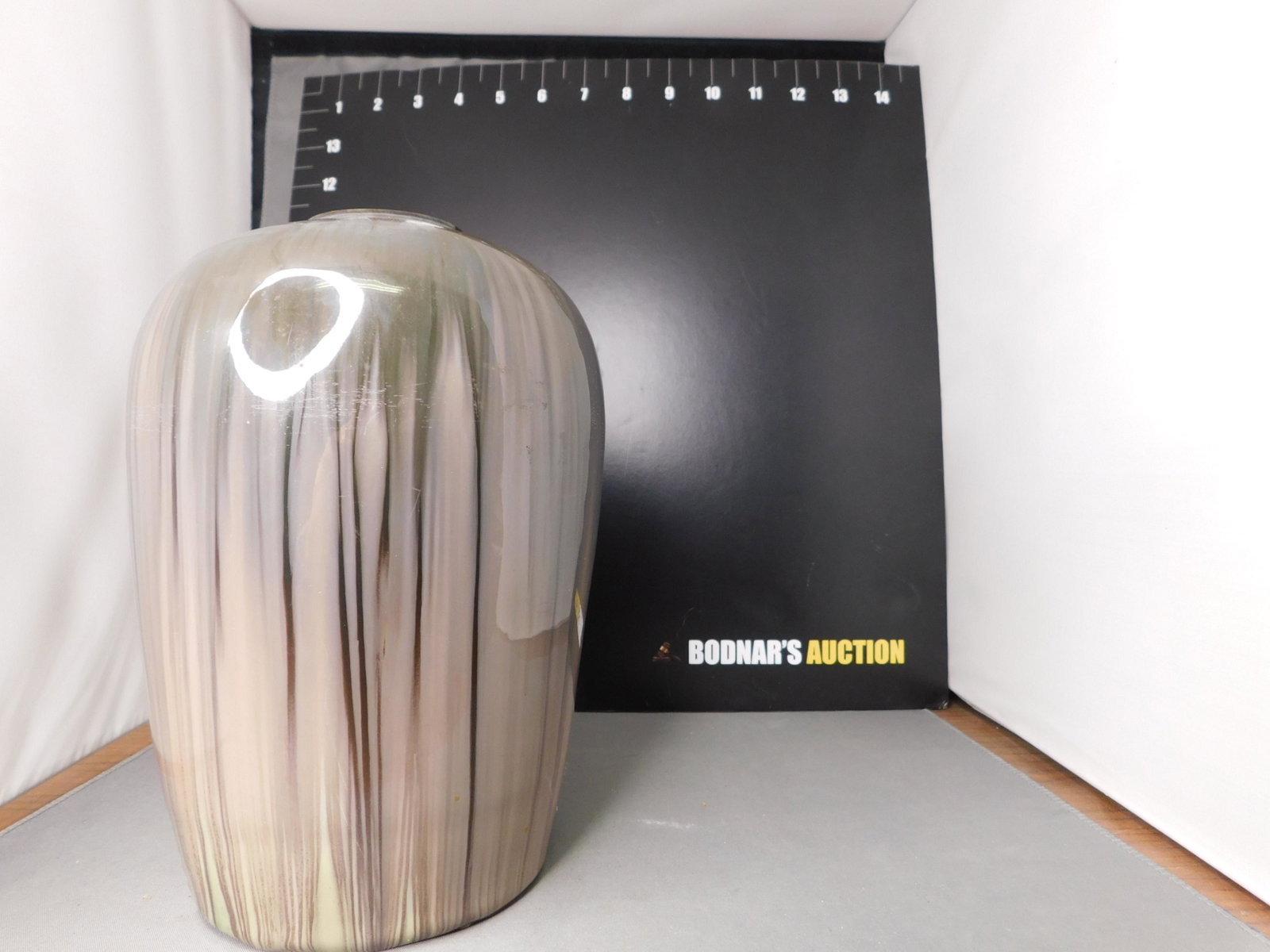 Fulper Pottery Vase: Fulper Pottery Vase - Gray. Measures 8" tall. You are bidding at a live sale, please read the terms and conditions. We are offering contact-less pick ups at our South Brunswick location by APPOINTMENT
