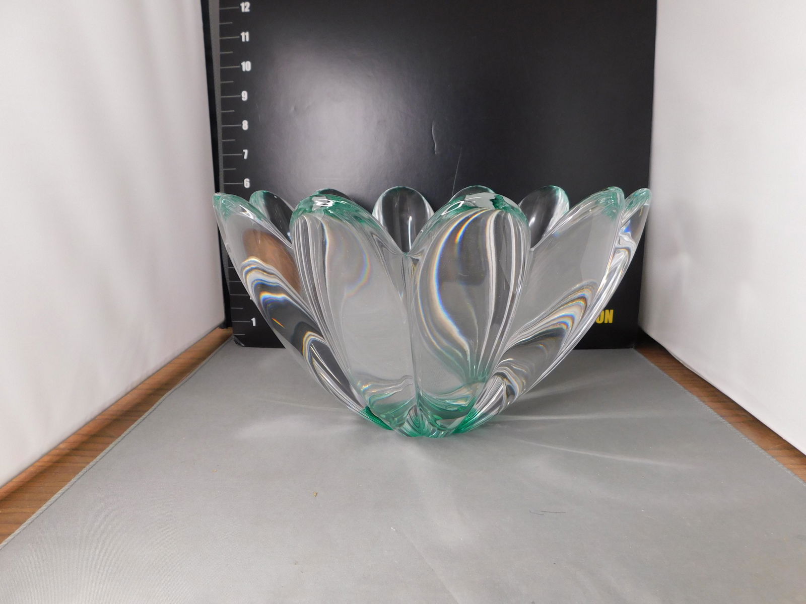 Orrefors Crystal Vase: Signed Orrefors Oversized Crystal Vase. Signed JJ 791-IY. In a green hint. Measures 6.5" tall x 10" d. You are bidding at a live sale, please read the terms and conditions. We are offering contact-les