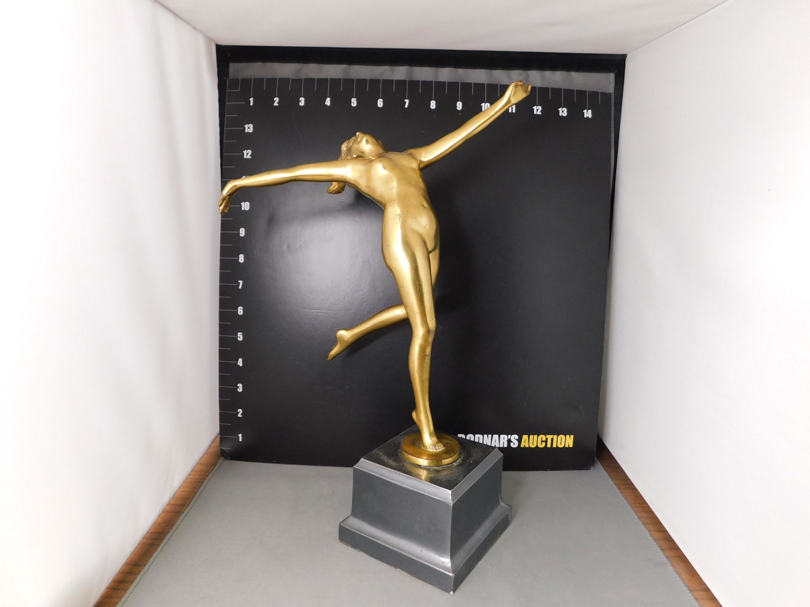 Art Deco Nude Statue: Art Deco Nude Statue. Gold Gilded. Measures 13" tall x 8" wide. You are bidding at a live sale, please read the terms and conditions. We are offering contact-less pick ups at our South Brunswick locat