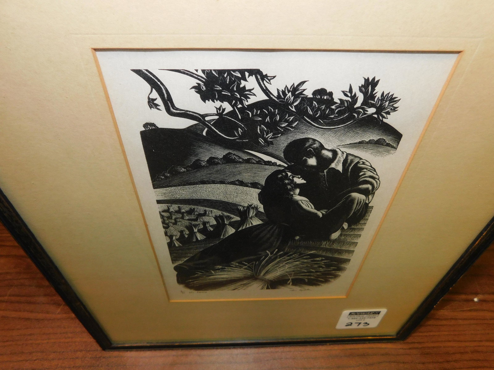 Art Deco Woodblock Print -The Lovers: Framed Art Deco Woodblock Print. Signed lower right Claire Leighton. Marked lower left 4\30 - The Lovers. Image measures 8" tall x 5" wide. You are bidding at a live sale, please read the terms and co