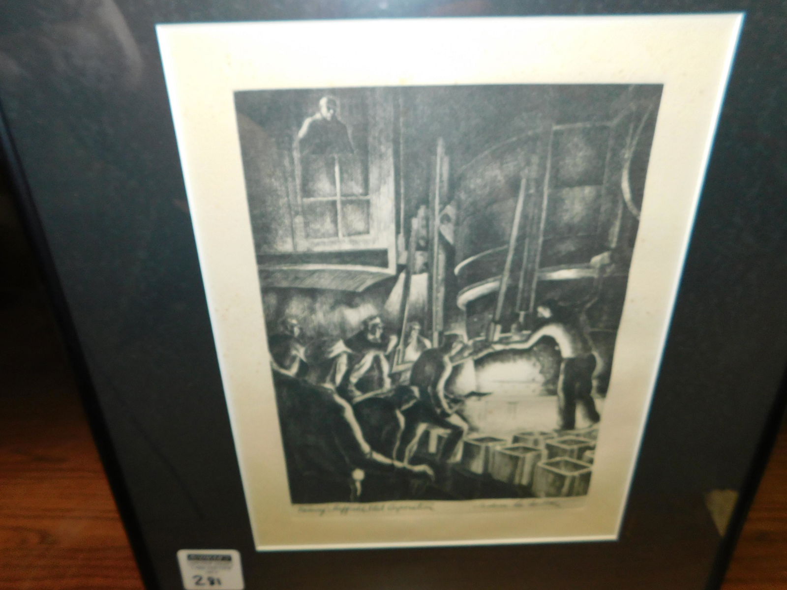 Art Deco Lithograph Nesbitt - Iron Factory: Framed Art Deco Lithograph Signed lower right Jackson Lee Nesbitt. Signed lower left Teeming-Sheffield Steel Corporation. Depicting men working at Iron Factory. Image measures 11.5" tall x 9" wide. Yo