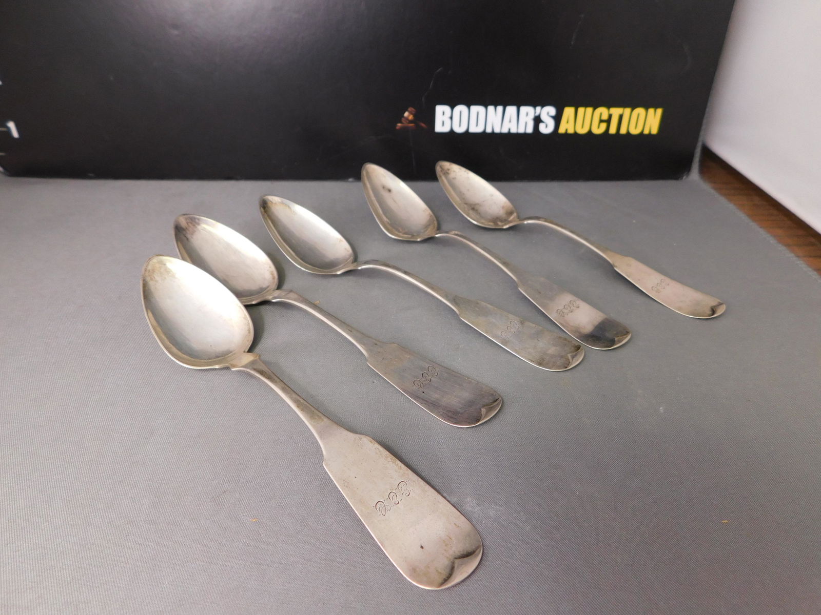 Set of 5 James Watt Coin Silver Teaspoons: Set of 5 James Watts Coin Silver Teaspoons. Monogramed. Measures 5" long. You are bidding at a live sale, please read the terms and conditions. We are offering contact-less pick ups at our South Bruns
