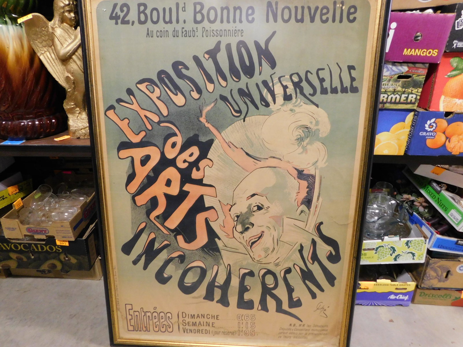 Exposition Universelle Des Arts Incoherent Poster: Exposition Universelle Des Arts Incoherent Poster. c. 1889 Some water damage, crumpling, rips, folding and issues to frame. Measures 52" tall x 36" wide. You are bidding at a live sale, please read th