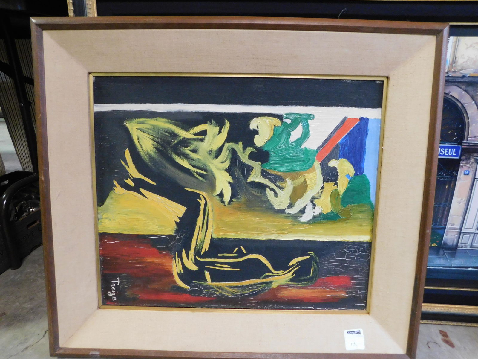 Acrylic Abstract Painting: Acrylic Abstract Painting Signed Treize. Measures 29" x 25.5" w. This sale will be broadcast live on sale day with full descriptions of each lot being sold, as well as video feed of each lot. All item